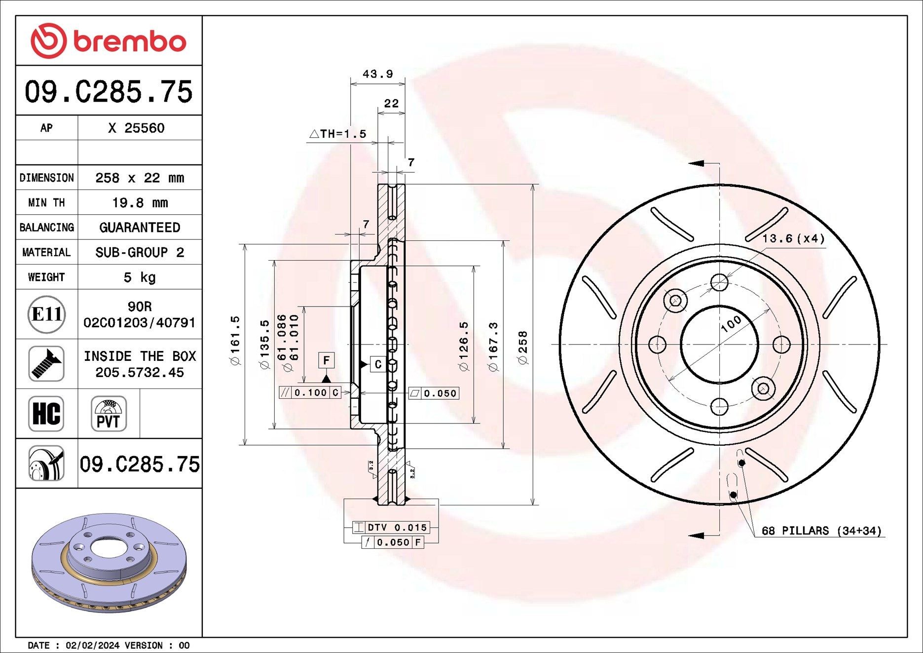BREMBO 09.C285.75: Disco de freno MAX LINE Ø: 258mm, ventilación interna, ranurado, Ø: 258mm, revestido, con tornillos