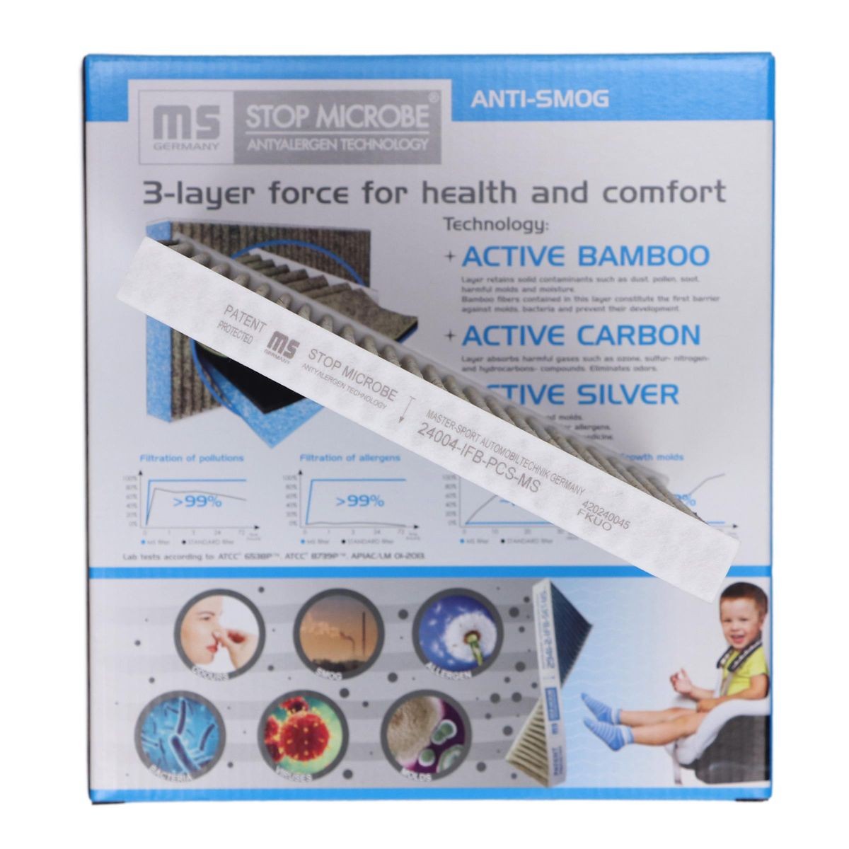 MASTER-SPORT 24004-IFB-PCS-MS: Filtrs, Salona telpas gaiss STOP MICROBE Antiallergen Technology Aktivētās ogles filtrs, ar antialerģisku iedarbību, ar antibakteriālu efektu