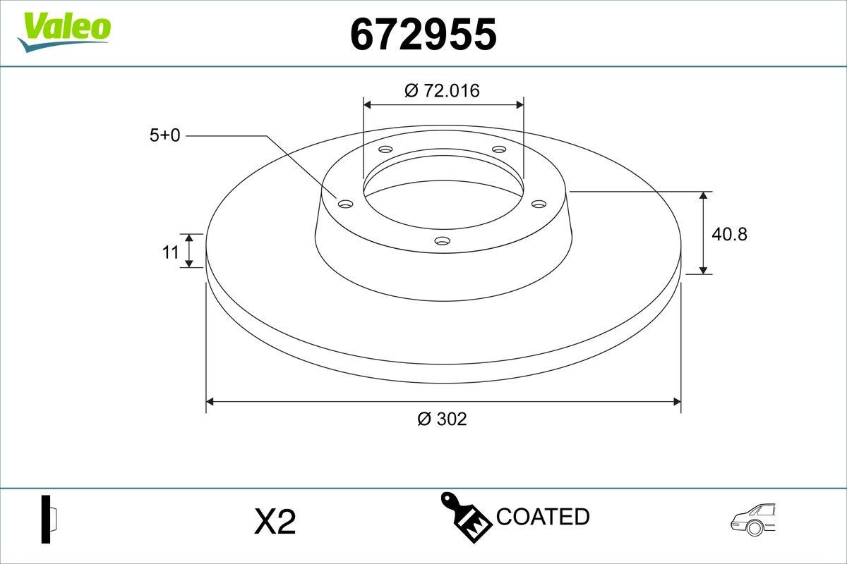 VALEO 672955: Piduriketas COATED Tagasild, Ø: 302mm, täis, Ø: 302mm, kaetud, ilma ABS- anduriteta, ilma integreeritud rattalaagrita