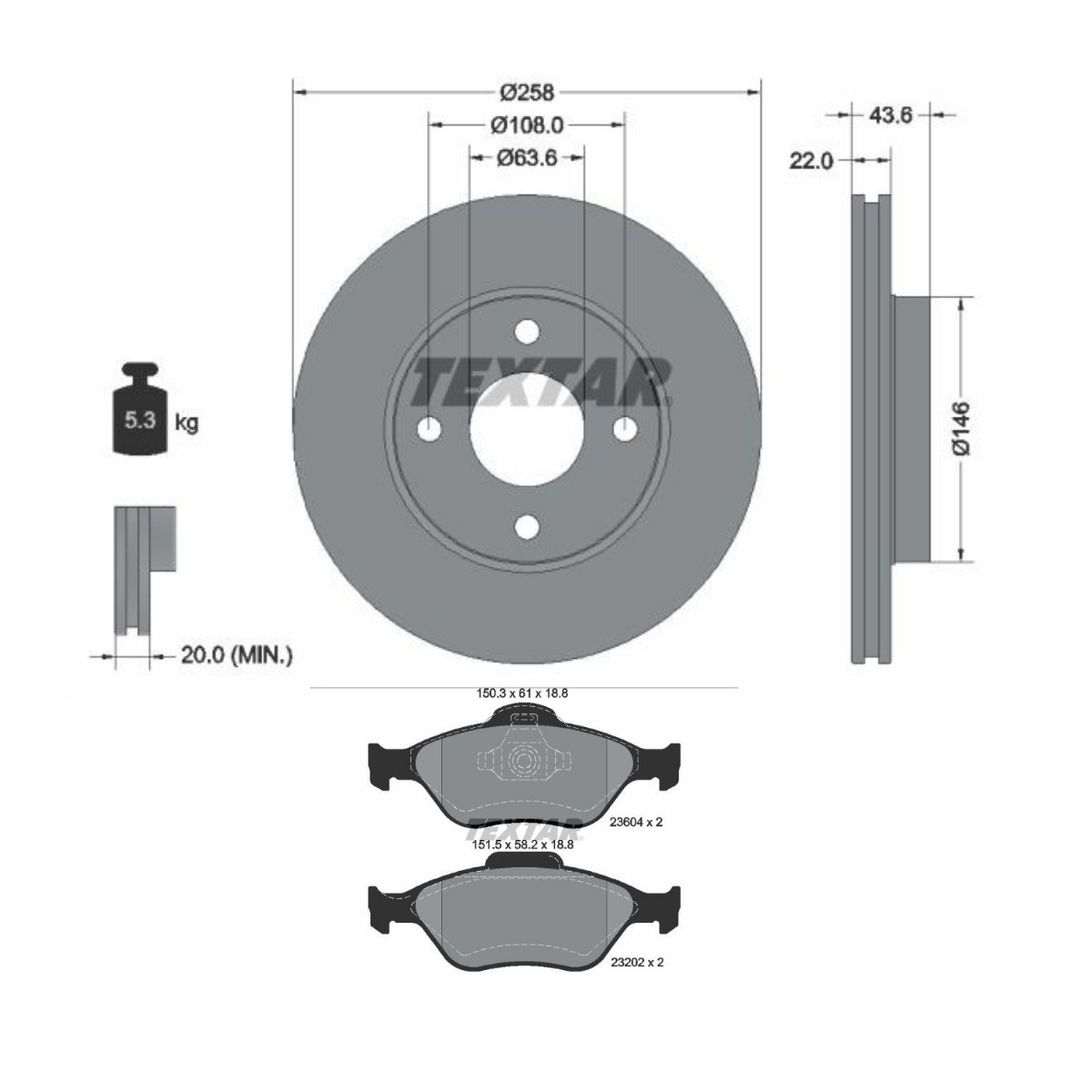 TEXTAR TXR3405N0011: Pidurikomplekt, ketaspidur Ø: 258mm, sisemine õhutus PRO