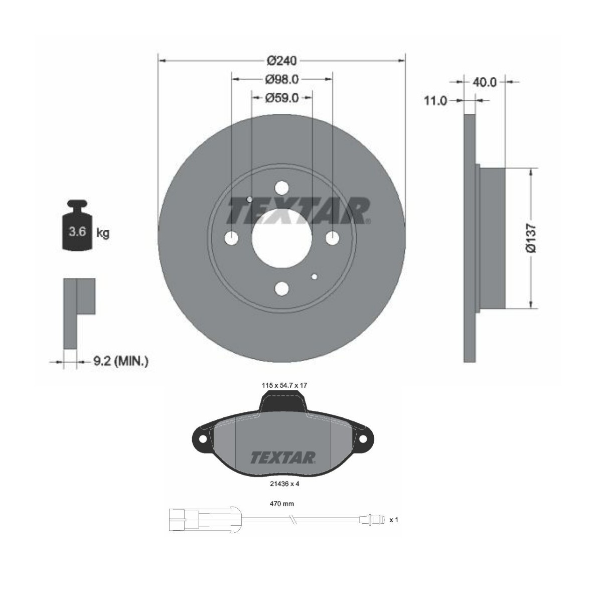 TEXTAR TXR3405N0024: Bremžu komplekts, Disku bremzes Ø: 240mm, pilnīgi PRO