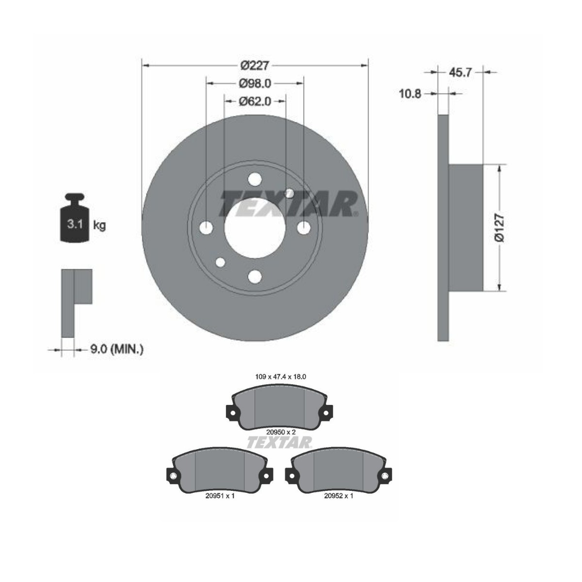 TEXTAR TXR3405N0032: Pidurikomplekt, ketaspidur Ø: 227mm, täis