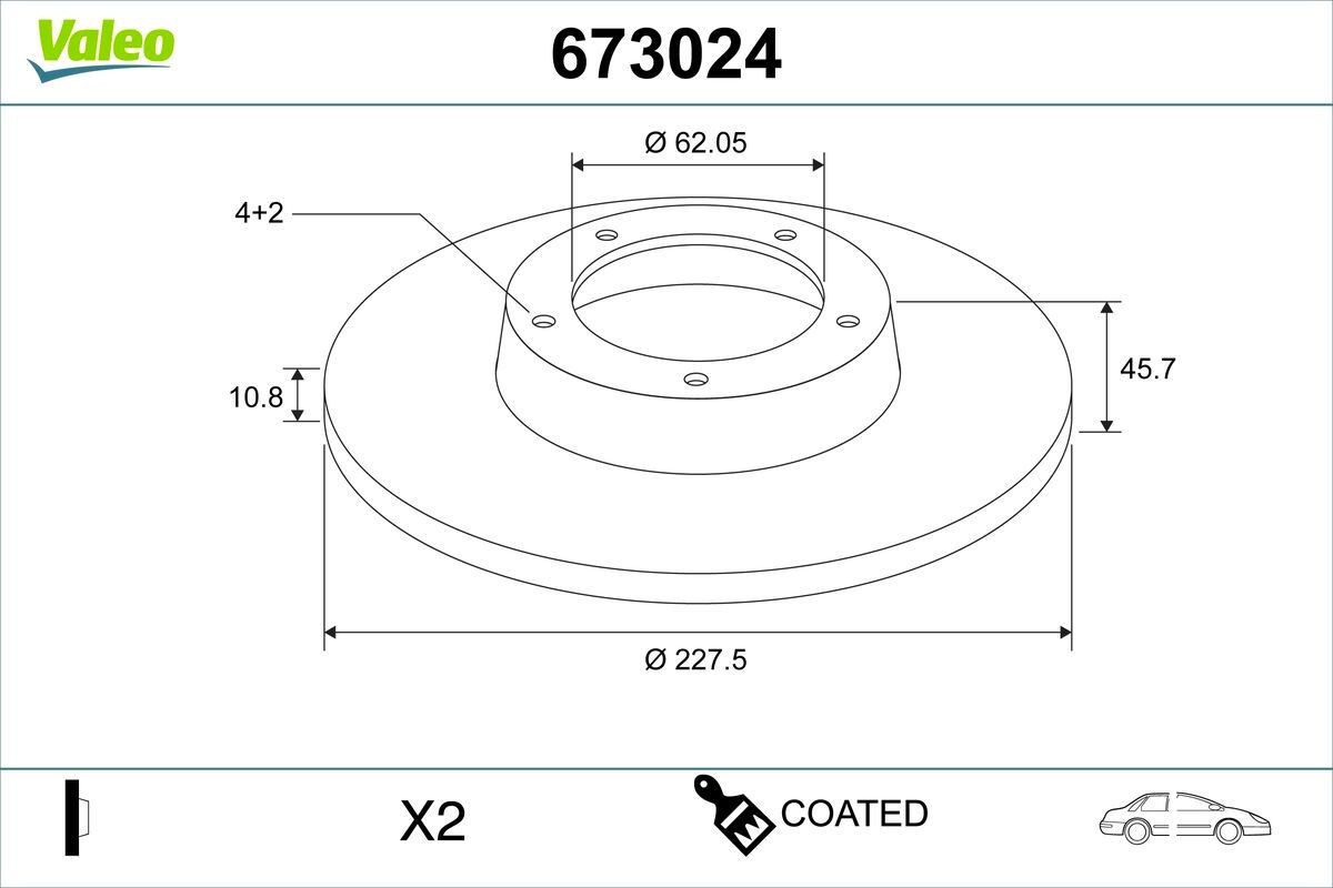 VALEO 673024: Piduriketas COATED Ø: 228mm, täis, Ø: 228mm, kaetud, ilma ABS- anduriteta, ilma integreeritud rattalaagrita
