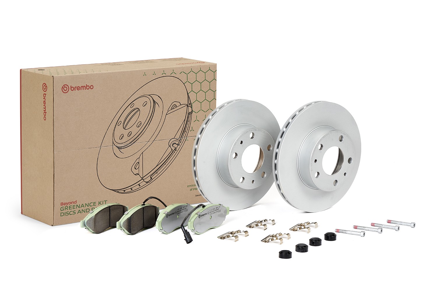 BREMBO KT 10 001: Fék készlet, tárcsafék BEYOND LINE - Greenance Ø: 280mm, belső hűtésű, csikorgásgátló lemezzel, féknyereg csavarokkal