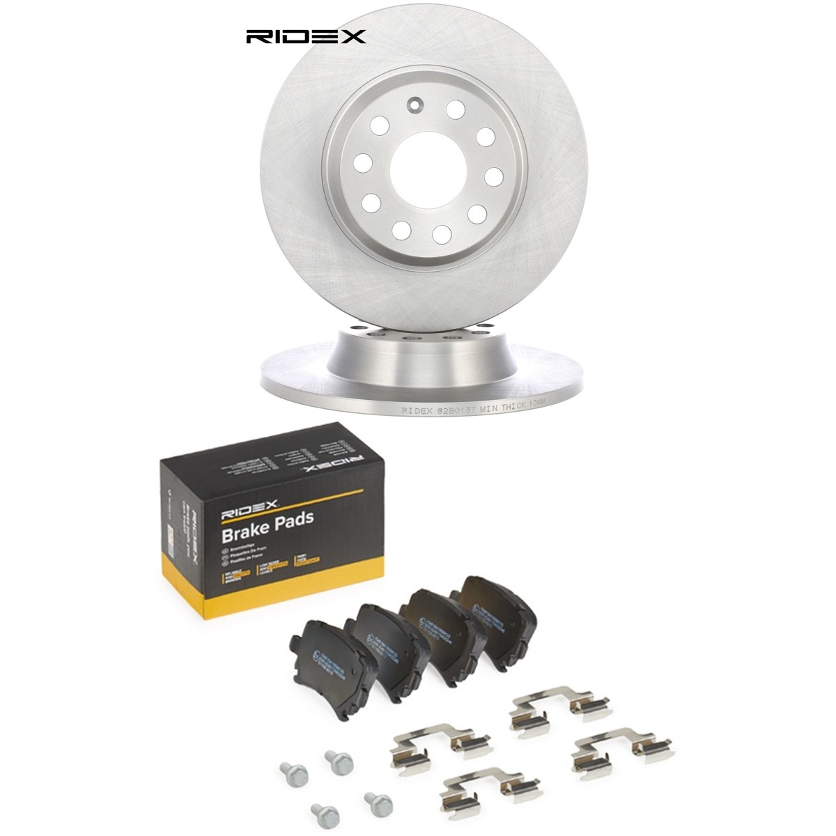 RIDEX 3405B3413: Kit de discos de freno y pastillas Eje trasero, Ø: 282mm, macizo