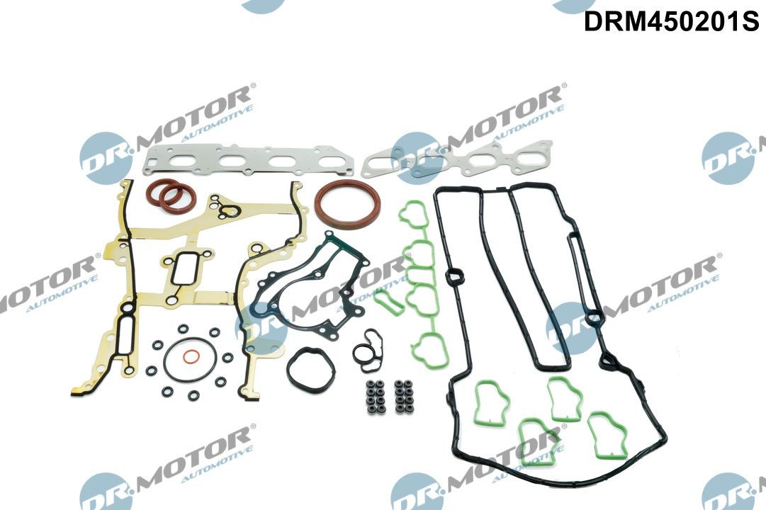 DR.MOTOR AUTOMOTIVE DRM450201S: Hel packningssats, motor med ventilkåpspackning, med ventilskaftstätning, utan cylindertoppspackning, med kamaxel-packbox, med insugsgrenrörspackning(ar), med avgasgrenrörspackning(ar)