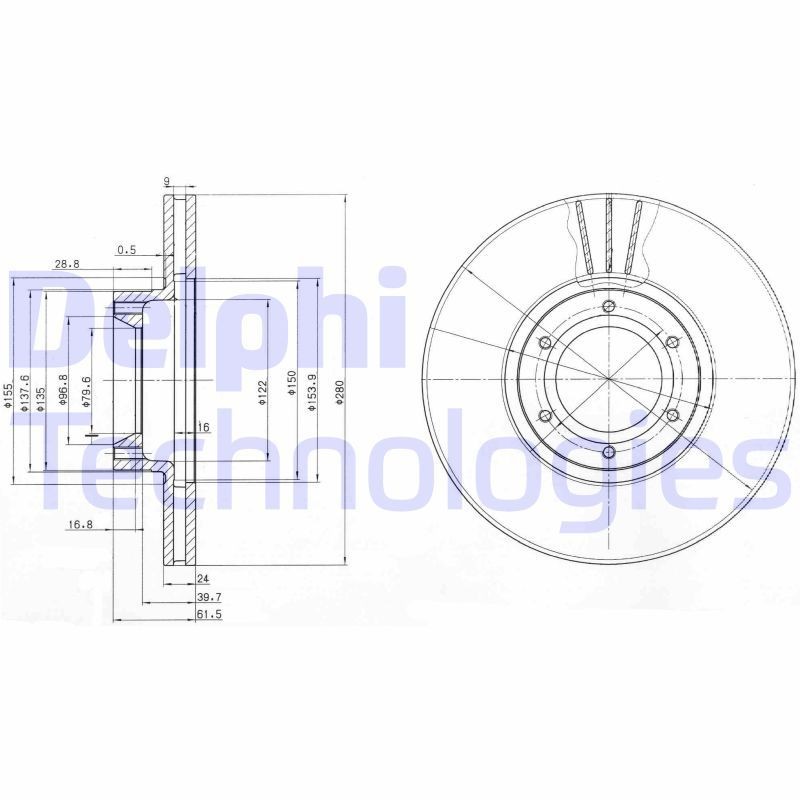 DELPHI BG3553: Piduriketas Ø: 280mm, õhutusega, Ø: 280mm, õlitatud