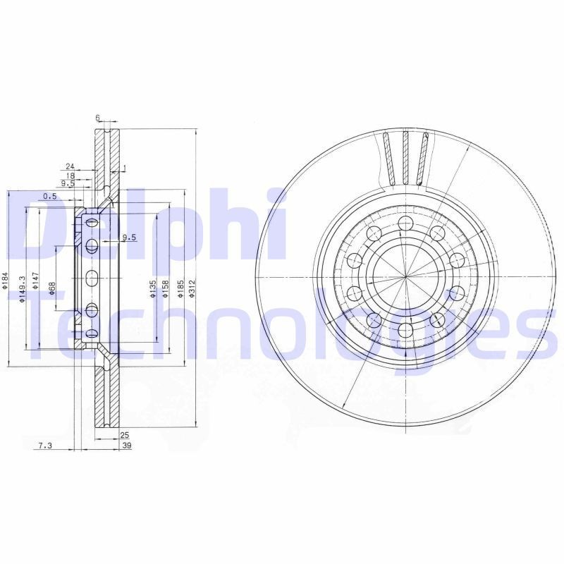 DELPHI BG3657: Piduriketas Ø: 312mm, õhutusega, Ø: 312mm, õlitatud