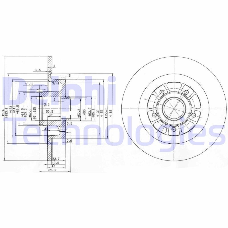 DELPHI BG3689: Bremsscheibe Ø: 274mm, voll, Ø: 274mm, mit Radnabe