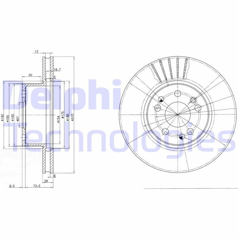 DELPHI BG2737: Piduriketas Ø: 310mm, õhutusega, Ø: 310mm, õlitatud