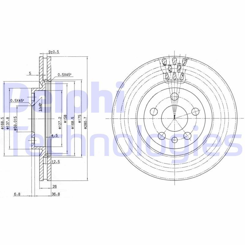 DELPHI BG2844: Piduriketas Ø: 281mm, õhutusega, Ø: 281mm, õlitatud