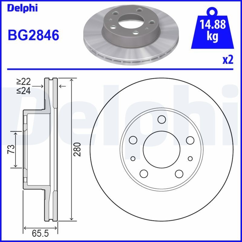 DELPHI BG2846: Piduriketas Ø: 280mm, õhutusega, Ø: 280mm, õlitatud