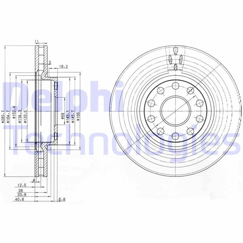 DELPHI BG3078: Piduriketas Ø: 281mm, õhutusega, Ø: 281mm, õlitatud