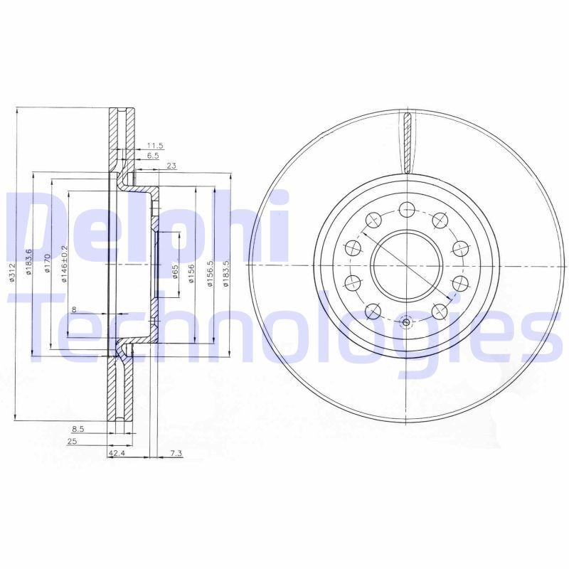 DELPHI BG3953: Piduriketas Ø: 312mm, õhutusega, Ø: 312mm, õlitatud