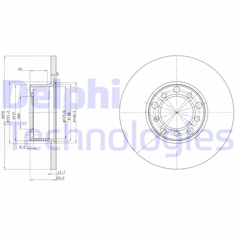 DELPHI BG2259: Piduriketas Ø: 278mm, täis, Ø: 278mm, õlitatud