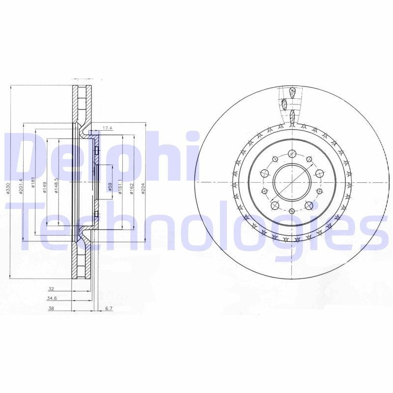 DELPHI BG9843: Bromsskiva Ø: 330mm, ventilerad, Ø: 330mm, oljad