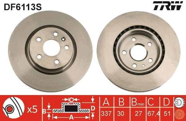 TRW DF6113S: Piduriketas TRW SINGLE Ø: 337mm, õhutusega, Ø: 337mm, värvitud
