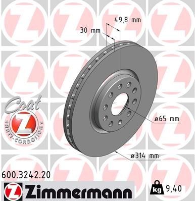 ZIMMERMANN 600.3242.20: Piduriketas Ø: 314mm, sisemine õhutus, Ø: 314mm, kaetud COAT Z