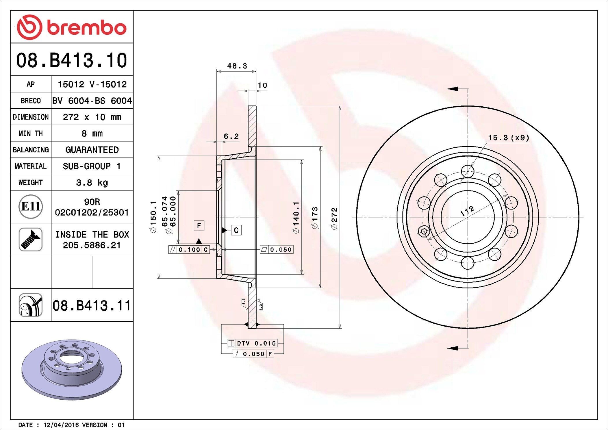 BREMBO 08.B413.10: Piduriketas PRIME LINE Ø: 272mm, täis, Ø: 272mm, koos kruvidega