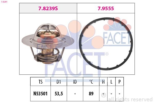 FACET 7.8291: Termostaat, Jahutusvedelik 89°C, 53,5mm, koos tihendiga, Made in Italy - OE Equivalent