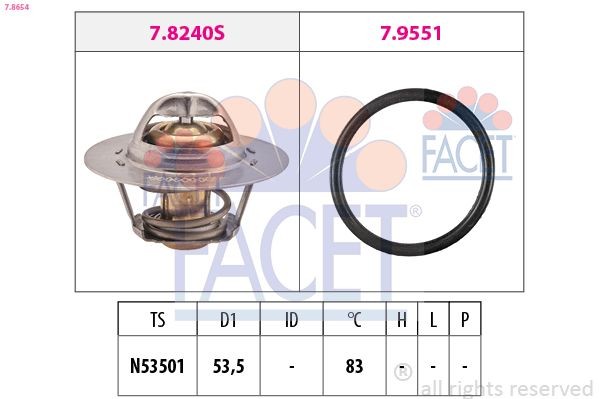 FACET 7.8654: Termostaat, Jahutusvedelik 83°C, 53,5mm, koos tihendiga, Made in Italy - OE Equivalent