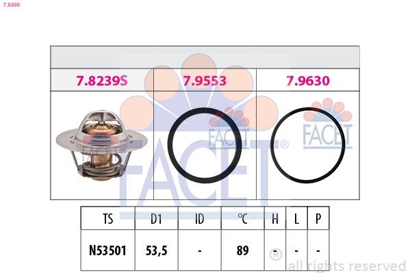 FACET 7.8499: Termostats, Dzesēšanas šķidrums 89°C, 53,5mm, ar blīvi, Made in Italy - OE Equivalent