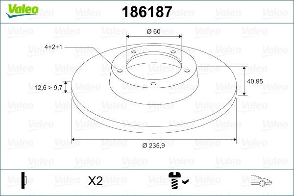 VALEO 186187: Brzdový kotouč přední osa, R: 236mm, plný, R: 236mm, se šroubem