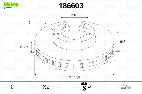 VALEO 186603: Disc de frână punte fata, Ř: 256mm, ventilat, Ř: 256mm, cu surub