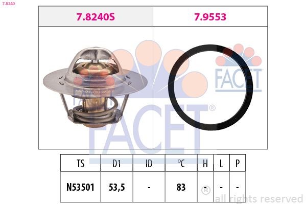 FACET 7.8240: Termostaat, Jahutusvedelik 83°C, 53,5mm, koos tihendiga, Made in Italy - OE Equivalent