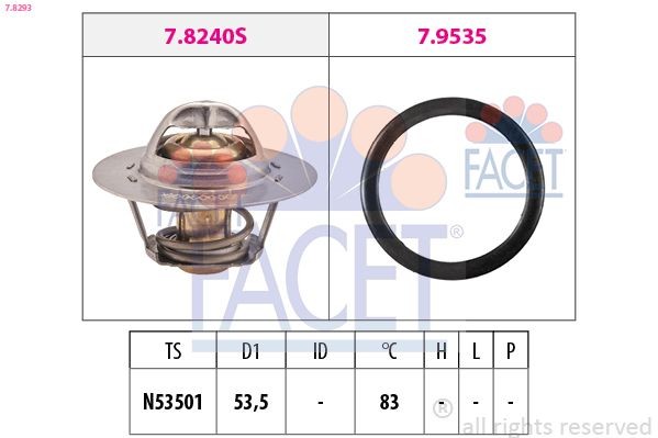 FACET 7.8293: Termostaat, Jahutusvedelik 83°C, 53,5mm, koos tihendiga, Made in Italy - OE Equivalent