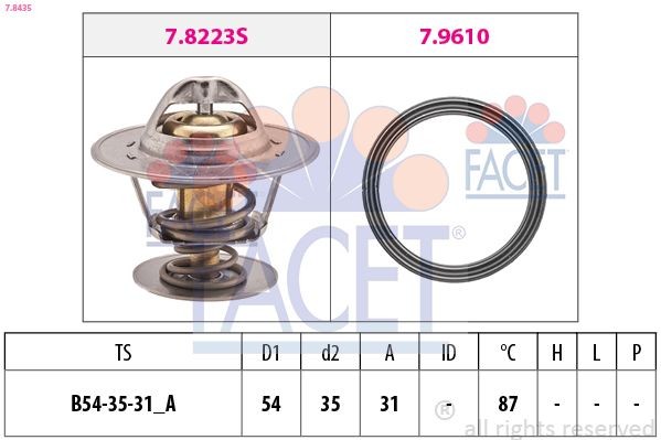 FACET 7.8435: Termostato, refrigerante 87°C, 54mm, 35mm, con junta, Made in Italy - OE Equivalent