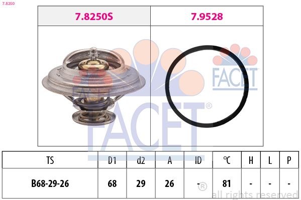 FACET 7.8250: Termostat, kølemiddel 81ºC, 68mm, 29mm, med pakning, Made in Italy - OE Equivalent