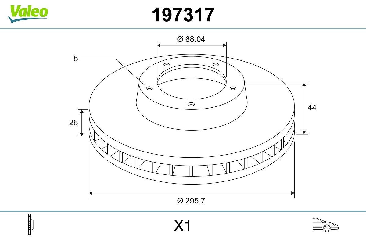 VALEO 197317: Disco freno Assale anteriore, Ø: 296mm, ventilato, Ø: 296mm, senza anello sensore ABS, senza cuscinetto ruota integrato