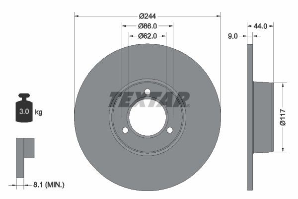 TEXTAR 92022100: Piduriketas Ø: 244mm, täis, Ø: 244mm, ilma rattakeskmeta, ilma rattalaagrita, ilma rattakinnituspoltideta