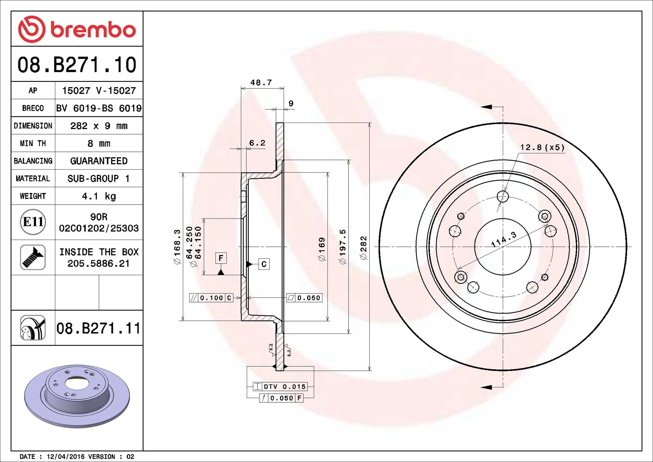 BREMBO 08.B271.10: Disco de freno PRIME LINE Ø: 282mm, macizo, Ø: 282mm, con tornillos
