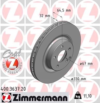 ZIMMERMANN 400.3637.20: Stabdžių diskas Ø: 330mm, vidinis ventiliavimas, Ø: 330mm, padengta COAT Z