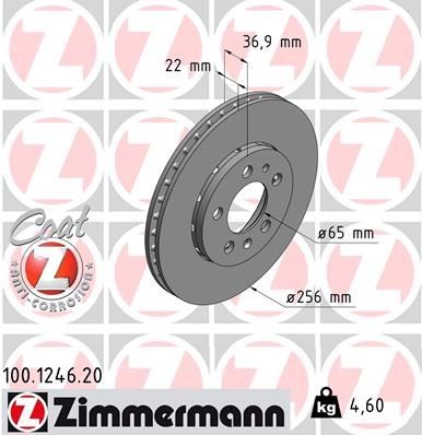 ZIMMERMANN 100.1246.20: Disc de frână Ř: 256mm, ventilat exterior, Ř: 256mm, acoperit (cu un strat protector) COAT Z