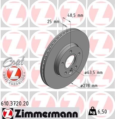 ZIMMERMANN 610.3720.20: Piduriketas Ø: 278mm, sisemine õhutus, Ø: 278mm, kaetud COAT Z