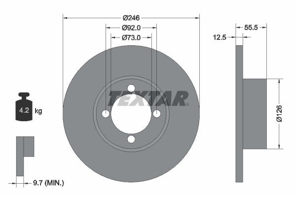 TEXTAR 92010700: Disc de frână Ř: 246mm, plin, Ř: 246mm, fara butuc roata, fara rulment roata, fara suruburi de fixare roata