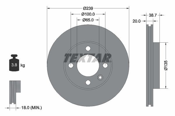 TEXTAR 92012100: Disc de frână Ř: 239mm, ventilat interior, Ř: 239mm, fara butuc roata, fara rulment roata, fara suruburi de fixare roata