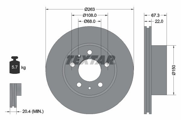 TEXTAR 92018600: Féktárcsa Ø: 263mm, belső hűtésű, Ø: 263mm, kerékagy nélkül, kerékcsapágy nélkül, kerékrögzítő csavar nélkül