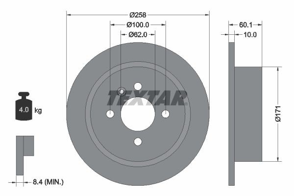 TEXTAR 92019200: Bromsskiva Ø: 258mm, full, Ø: 258mm, utan hjulvnav, utan hjullager, utan hjulbultar