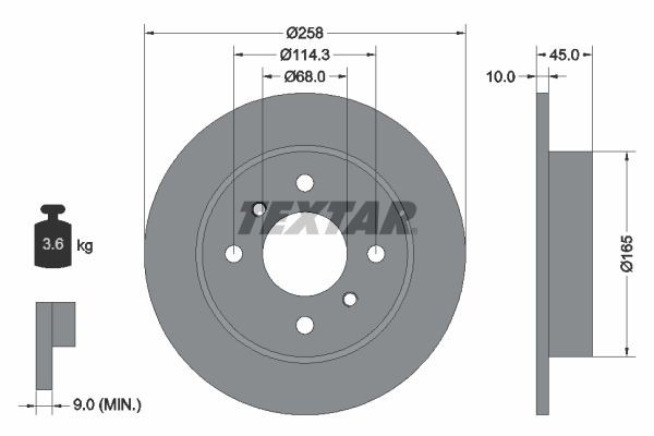 TEXTAR 92056400: Disco freno Ø: 258mm, pieno, Ø: 258mm, senza mozzo portaruota, senza cuscinetto ruota, senza bullone fissaggio ruota
