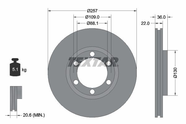 TEXTAR 92075800: Bremseskive Ø: 257mm, indvendigt ventileret, Ø: 257mm, uden hjulnav, uden hjullejer, uden hjulbolte