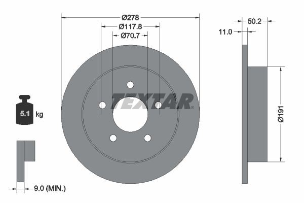 TEXTAR 92099800: Bremseskive Ø: 278mm, fuldstændigt, Ø: 278mm, uden hjulnav, uden hjullejer, uden hjulbolte