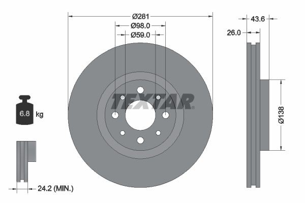 TEXTAR 92107700: Stabdžių diskas Ø: 281mm, vidinis ventiliavimas, Ø: 281mm, be rato stebulės, be rato guolio, be rato tvirtinimo smeigių