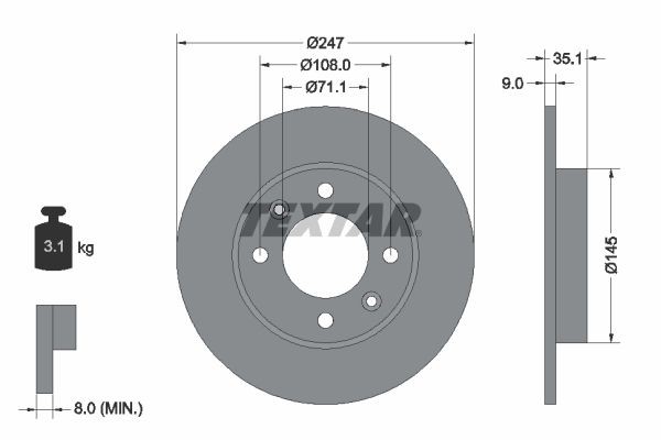 TEXTAR 92111700: Brzdový kotouč R: 247mm, plný, R: 247mm, bez náboje kola, bez ložiska (kola), bez šroubů vozidlového kola