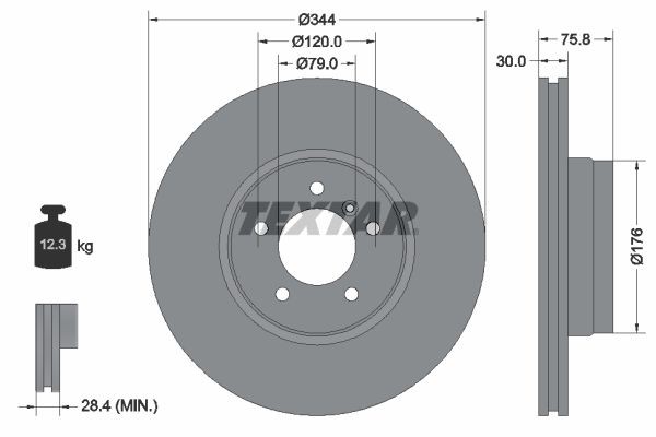 TEXTAR 92134400: Bremseskive Ø: 344mm, indvendigt ventileret, Ø: 344mm, uden hjulnav, uden hjullejer, uden hjulbolte