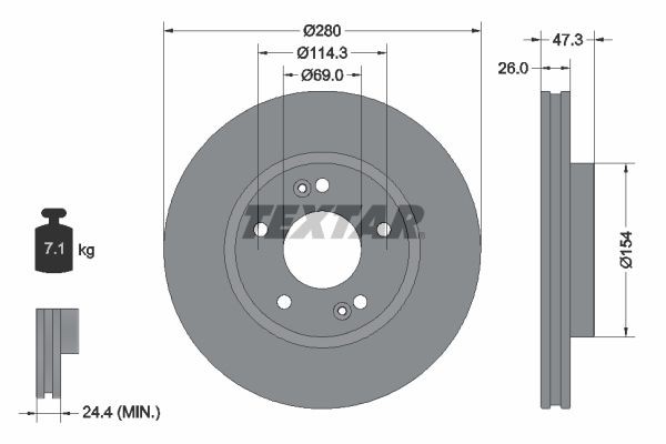 TEXTAR 92133900: Tarcza hamulcowa Ø: 280[mm], z wentylacją wewnętrzną, Ø: 280[mm], bez piasty koła, bez łożyska koła, bez sworznia mocującego koła