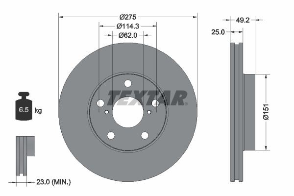 TEXTAR 92139700: Disco de freno Ø: 275mm, ventilación interna, Ø: 275mm, sin buje de rueda, sin cojinete rueda, sin perno de sujeción de rueda